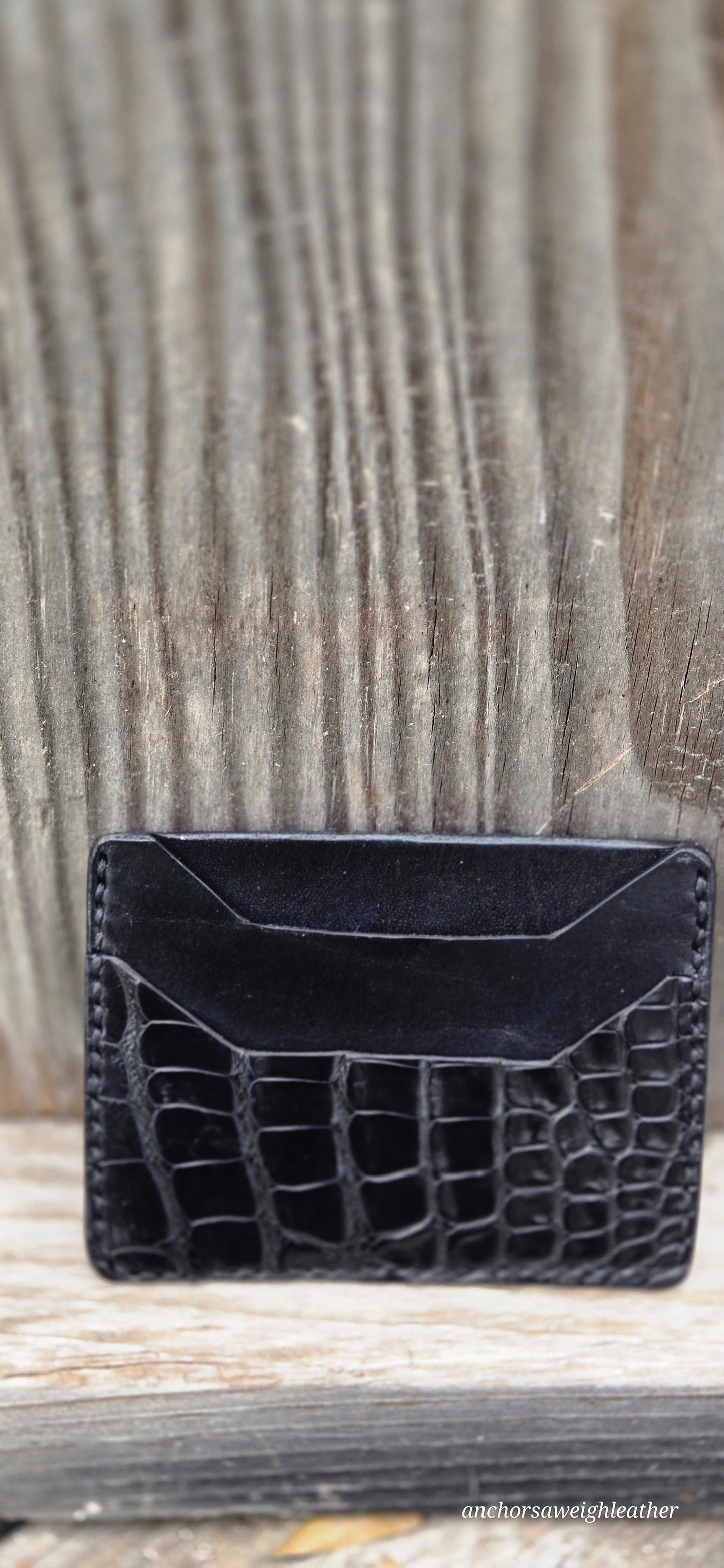 Handmade Alligator Leather Card Holder: Minimalist Black Wallet AnchorsAweighLeather
