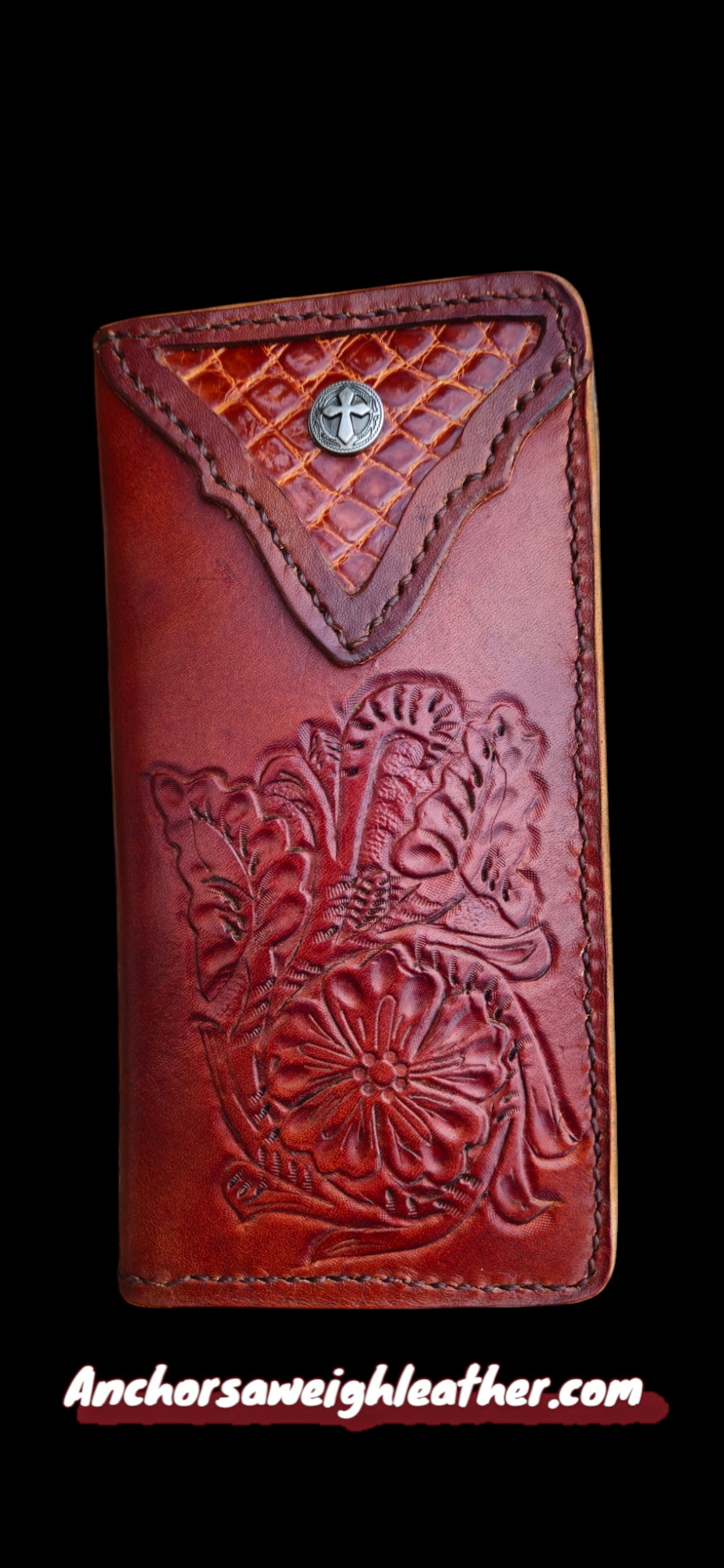 Handmade Veg Tan Leather Roper Wallet: Cognac Gator Inlay AnchorsAweighLeather