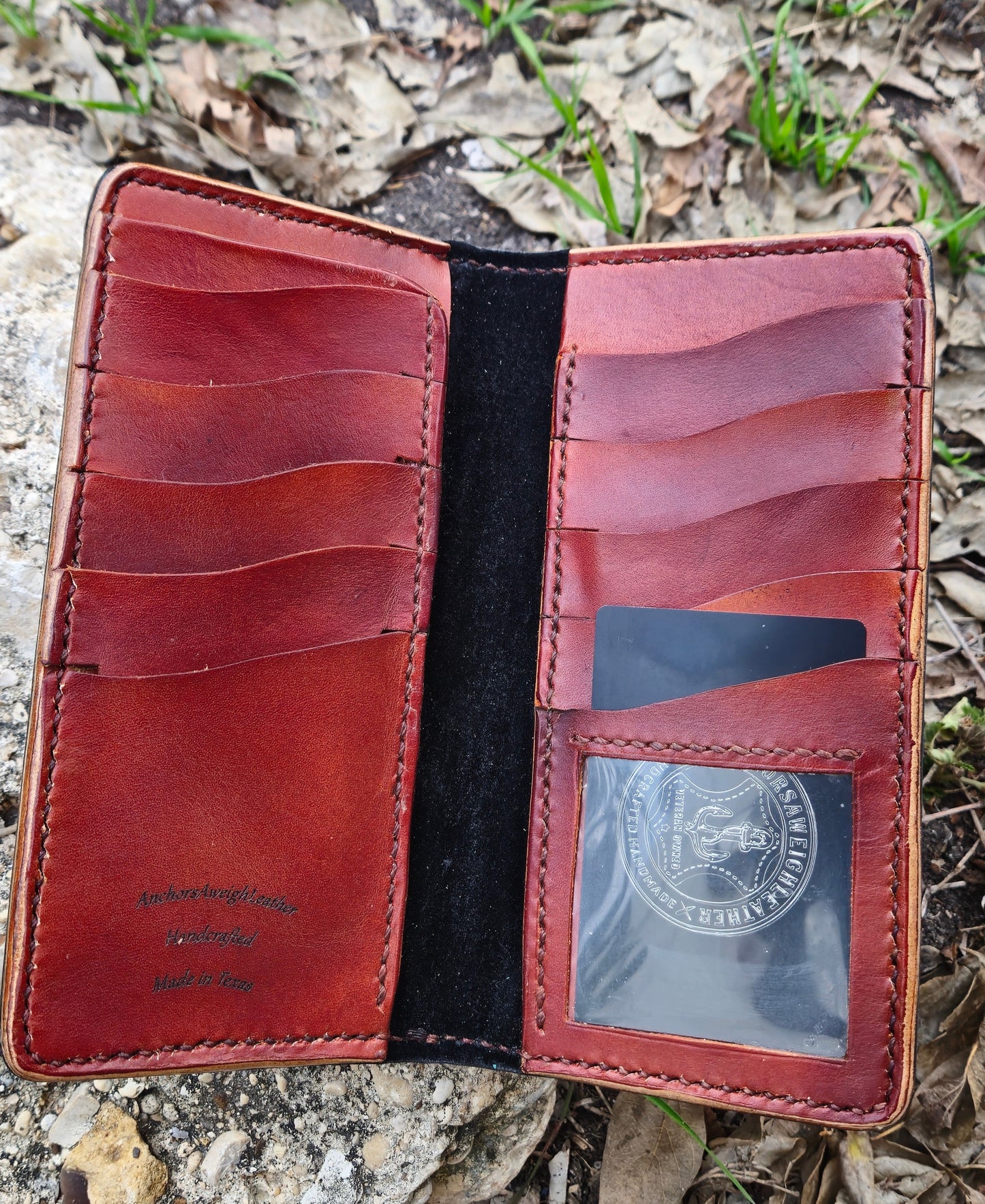 Handmade Veg Tan Leather Roper Wallet: Cognac Gator Inlay AnchorsAweighLeather