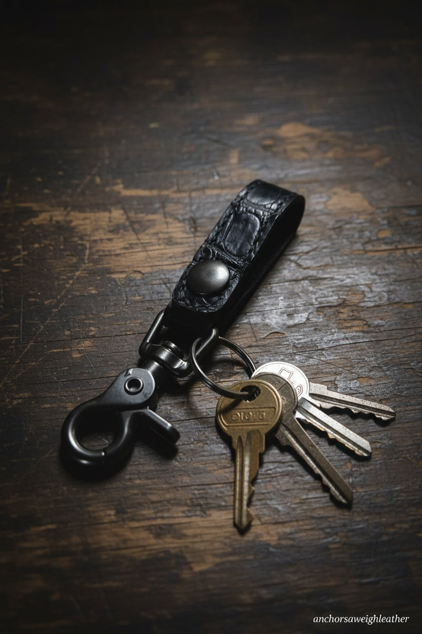 Black Alligator Leather Key Holder | 360° Swivel Snap | Handcrafted EDC | AnchorsAweighLeather
