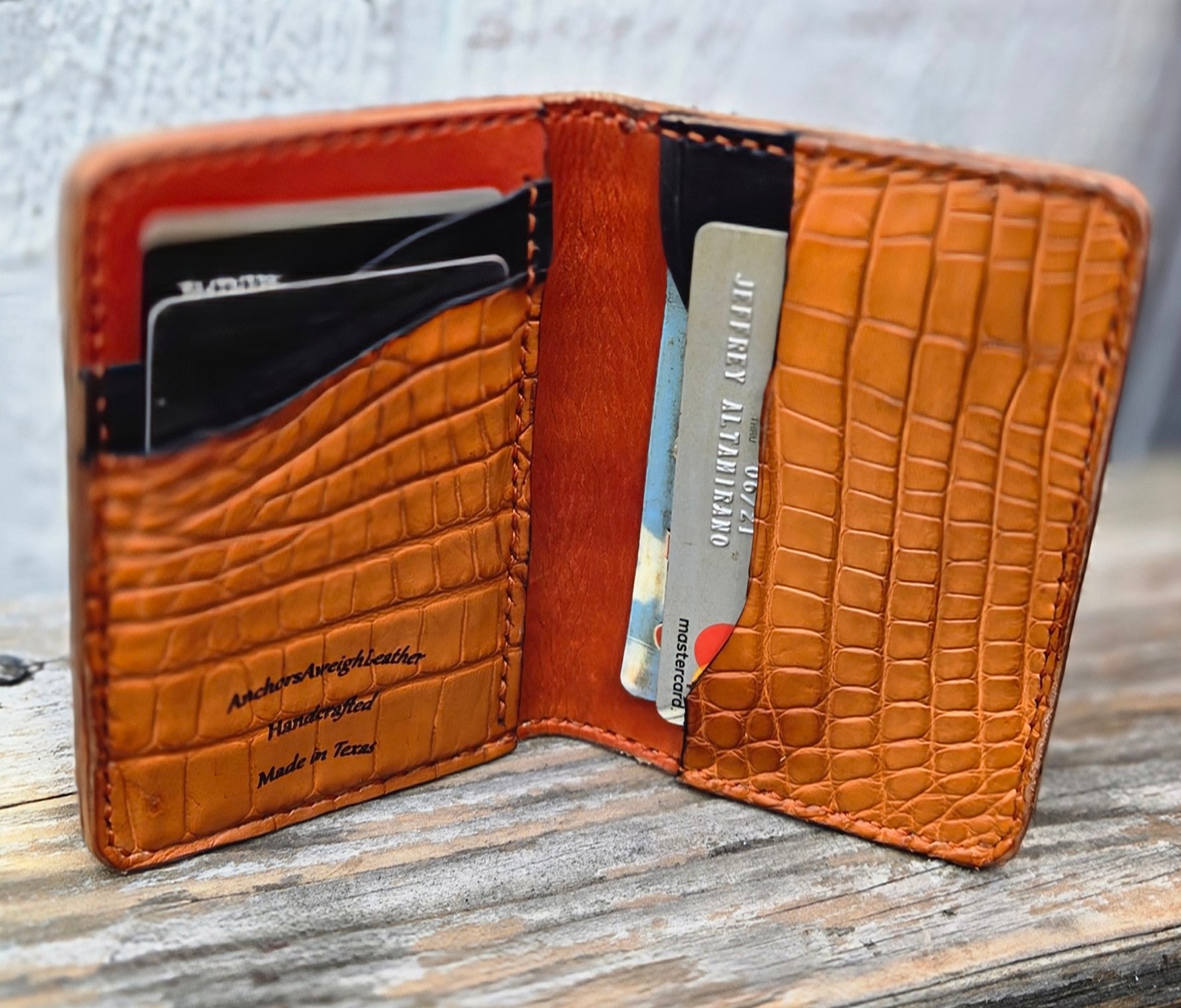 Handmade American Alligator Leather Wallet, Burnt Orange Exotic Wallet AnchorsAweighLeather