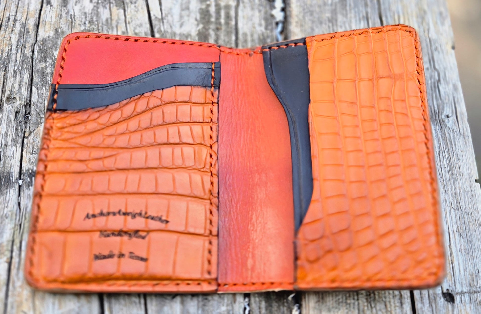 Handmade American Alligator Leather Wallet, Burnt Orange Exotic Wallet AnchorsAweighLeather