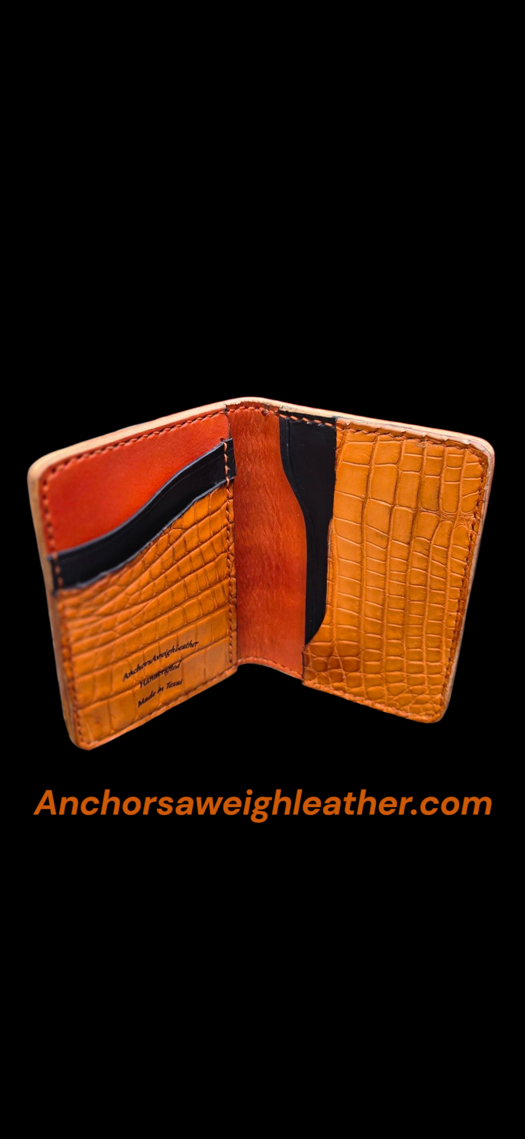 Handmade American Alligator Leather Wallet, Burnt Orange Exotic Wallet AnchorsAweighLeather