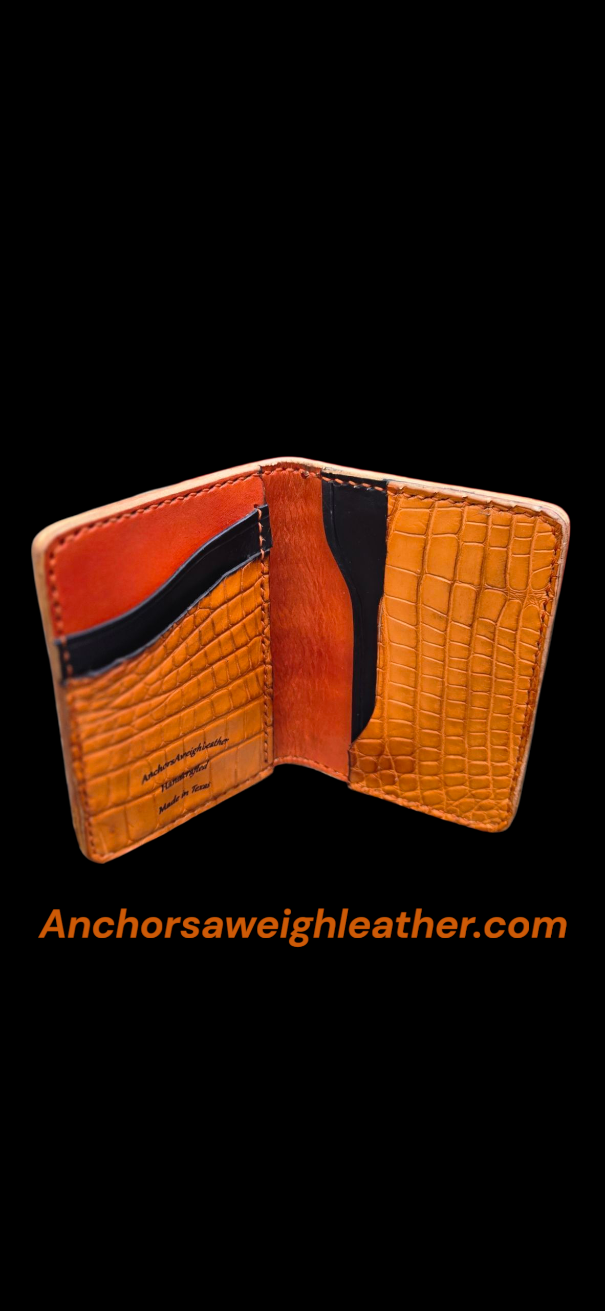 Handmade American Alligator Leather Wallet, Burnt Orange Exotic Wallet AnchorsAweighLeather