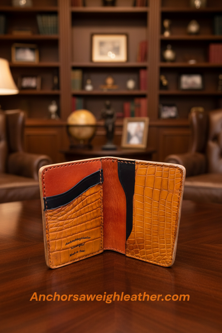 Handmade American Alligator Leather Wallet, Burnt Orange Exotic Wallet AnchorsAweighLeather