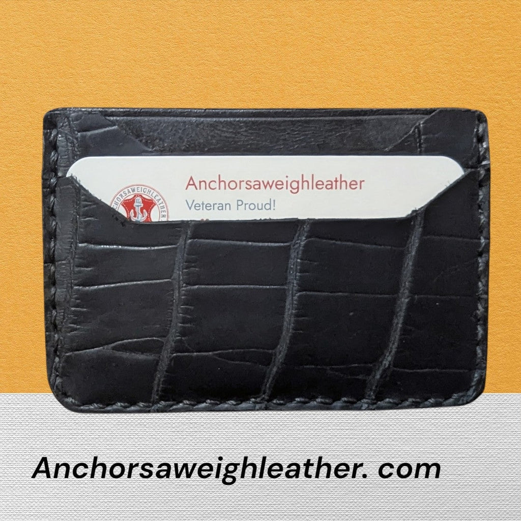 Handmade Alligator Leather Card Holder: Minimalist Black Wallet AnchorsAweighLeather
