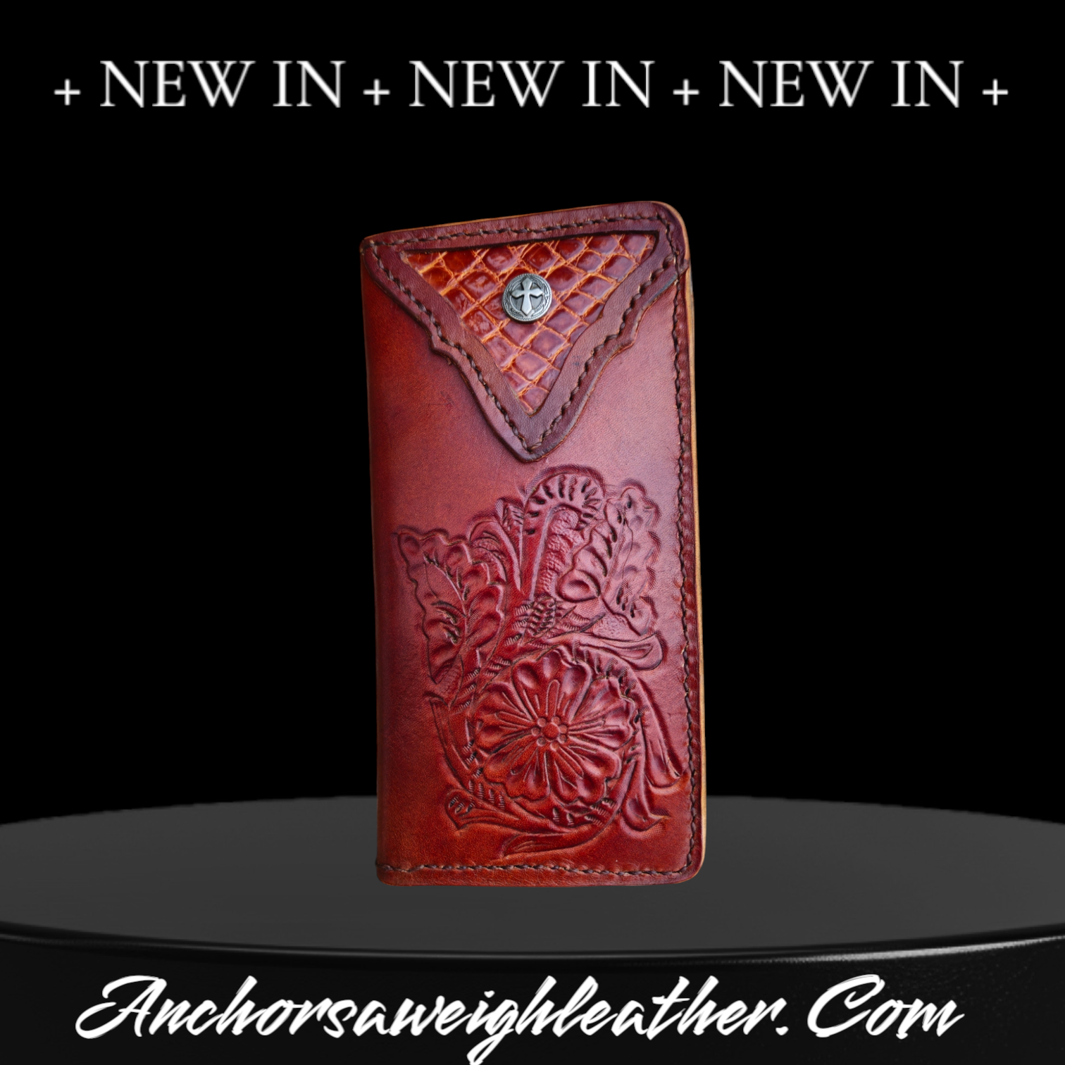 Handmade Veg Tan Leather Roper Wallet: Cognac Gator Inlay AnchorsAweighLeather