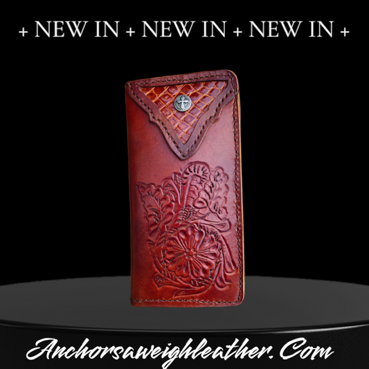 Handmade Veg Tan Leather Roper Wallet: Cognac Gator Inlay AnchorsAweighLeather