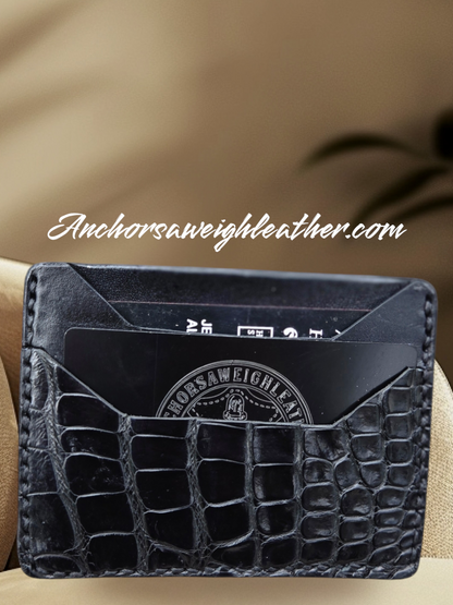 Handmade Alligator Leather Card Holder: Minimalist Black Wallet AnchorsAweighLeather