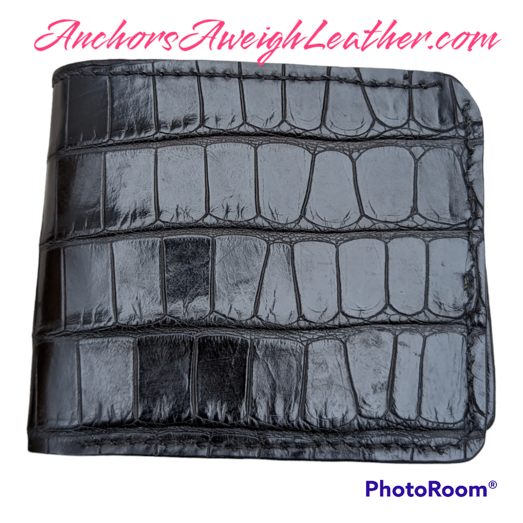 Black Genuine Alligator Skin Men's leather bi-fold wallet, leather wallet, leather billfold AnchorsAweighLeather