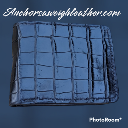 Black Genuine Alligator Skin Men's leather bi-fold wallet, leather wallet, leather billfold AnchorsAweighLeather