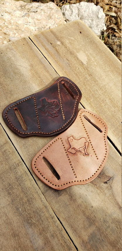 The Rancher II  pancake leather knife sheath, pancake knife sheath,  pocket knife scabbard, Pocket knife sheath AnchorsAweighLeather