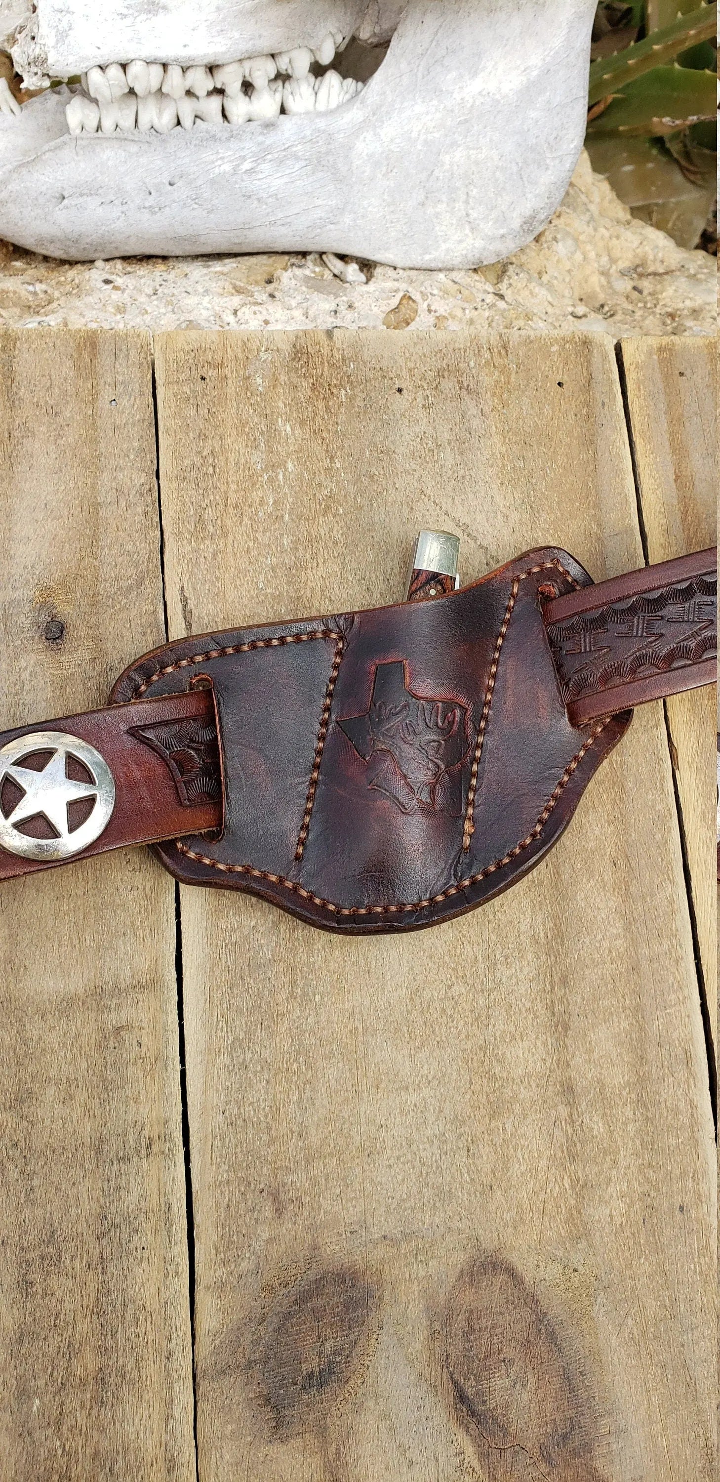 The Rancher II  pancake leather knife sheath, pancake knife sheath,  pocket knife scabbard, Pocket knife sheath AnchorsAweighLeather