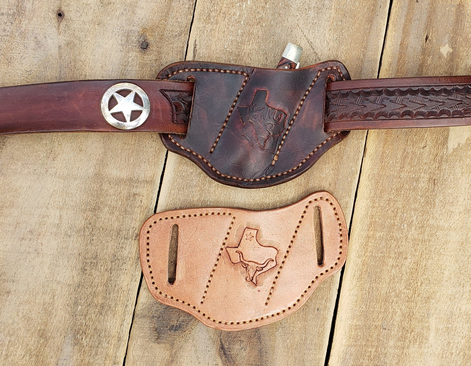 The Rancher II  pancake leather knife sheath, pancake knife sheath,  pocket knife scabbard, Pocket knife sheath AnchorsAweighLeather
