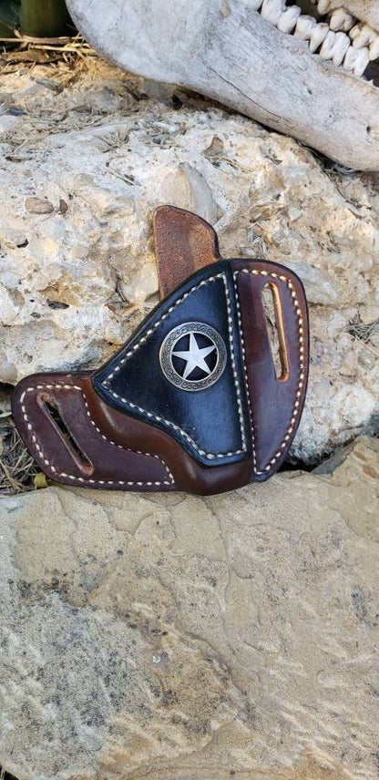 The Cattleman Saddle Holster, Pancake Holster Ruger LCP 380 or Smith & Wesson Bodyguard 380, leather holster AnchorsAweighLeather
